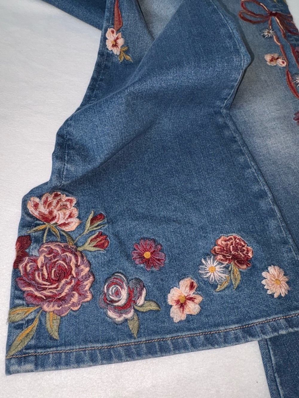 DRIFTWOOD Blue Flare Jeans with Red Floral Embroidery - Picture 6 of 7